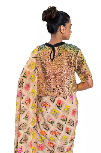 Beige Crepe Plain Saree With Blouse