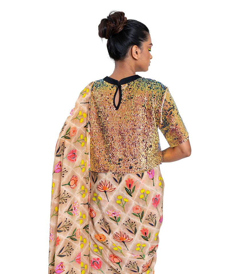 Beige Crepe Plain Saree With Blouse