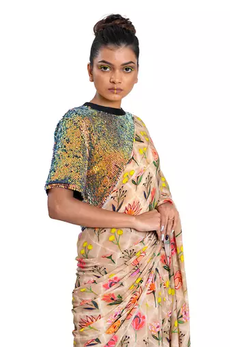 Beige Crepe Plain Saree With Blouse