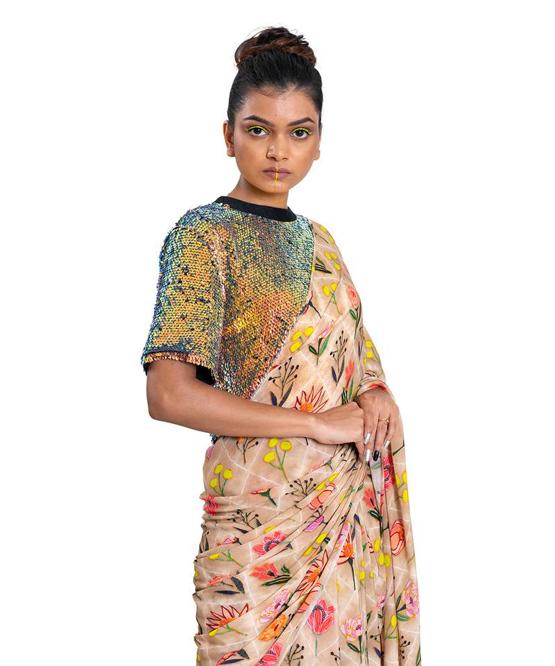 Beige Crepe Plain Saree With Blouse