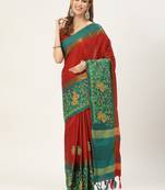 Red embroidered cotton silk saree with blouse
