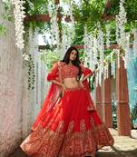 Red  embroidered georgette unstitched lehenga