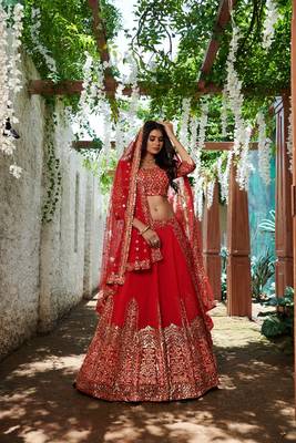 Red  embroidered georgette unstitched lehenga 3