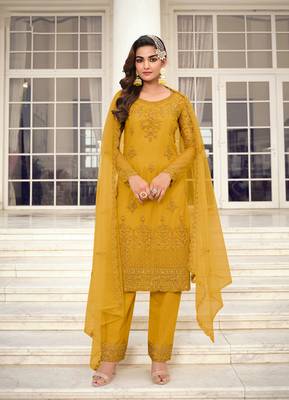 Mustard embroidered net salwar 1