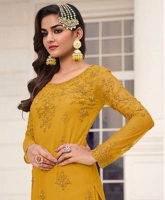 Mustard embroidered net salwar 3