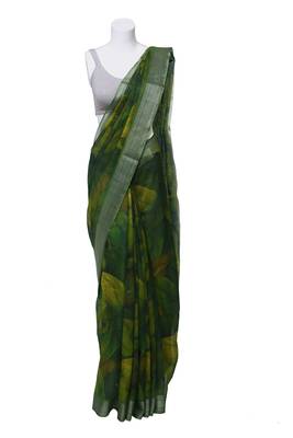 Navy blue printed faux linen saree with blouse 1