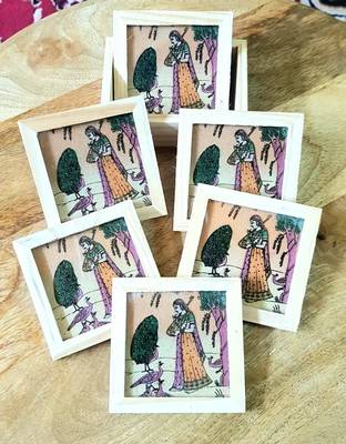 Antique Rajasthani Handicraft Tea Coffee Drinks Coaster Set of 6 with Holder Stand 1