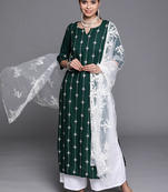 Jheenu Women's Rayon Embroidered Straight Fit Kurti plazo dupatta set