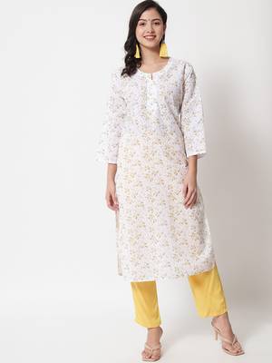 Yellow embroidered cotton chikankari-kurtis 1