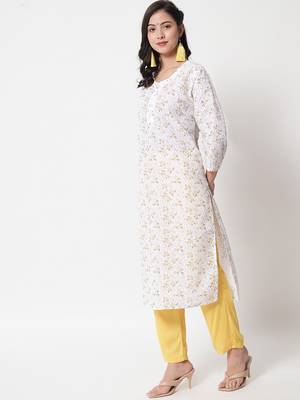 Yellow embroidered cotton chikankari-kurtis 2