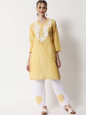 Beige embroidered cotton chikankari-kurtis 1