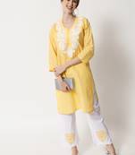 Yellow embroidered cotton chikankari-kurtis