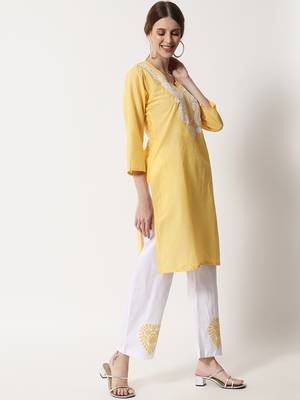 Yellow embroidered cotton chikankari-kurtis 2