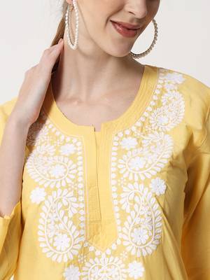 Yellow embroidered cotton chikankari-kurtis 3