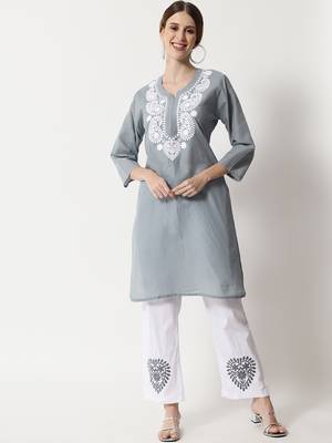 Grey embroidered cotton chikankari-kurtis 1