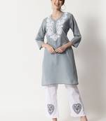 Grey embroidered cotton chikankari-kurtis