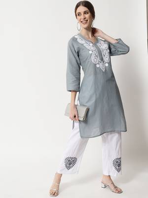 Grey embroidered cotton chikankari-kurtis 2
