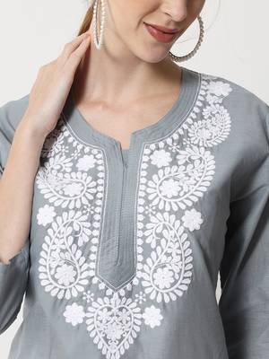 Grey embroidered cotton chikankari-kurtis 3