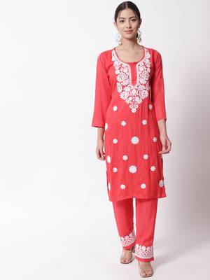Red embroidered rayon chikankari-kurtis 1