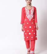 Red embroidered rayon chikankari-kurtis
