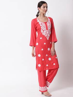 Red embroidered rayon chikankari-kurtis 2