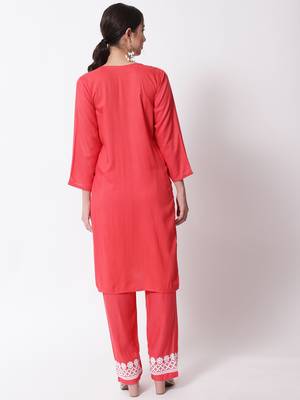 Red embroidered rayon chikankari-kurtis 4