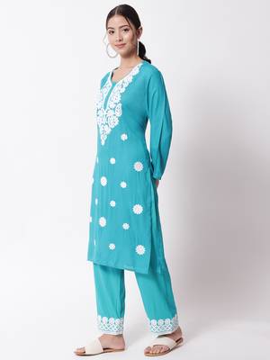Green embroidered rayon chikankari-kurtis 2