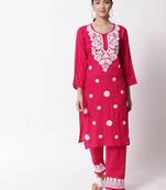 Magenta embroidered rayon chikankari-kurtis