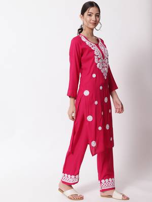 Magenta embroidered rayon chikankari-kurtis 2