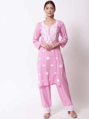 Pink embroidered rayon chikankari-kurtis 1