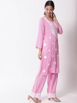 Pink embroidered rayon chikankari-kurtis 2