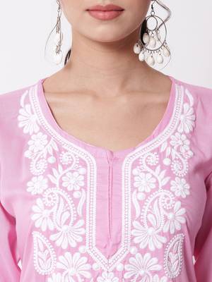Pink embroidered rayon chikankari-kurtis 3