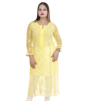 Yellow embroidered georgette chikankari-kurtis 1