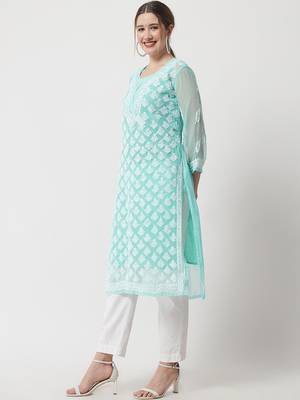 Turquoise embroidered georgette chikankari-kurtis 2