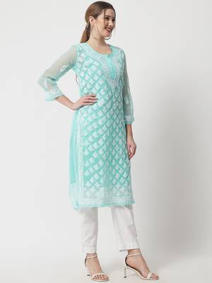 Turquoise embroidered georgette chikankari-kurtis 3