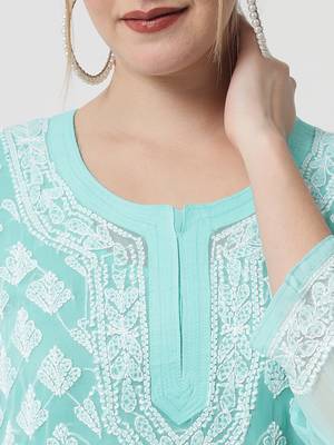 Turquoise embroidered georgette chikankari-kurtis 4