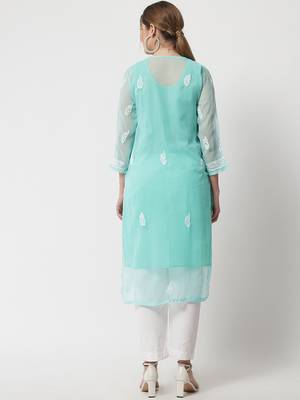 Turquoise embroidered georgette chikankari-kurtis 5