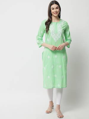 Green embroidered cotton chikankari-kurtis 1