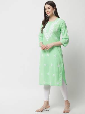 Green embroidered cotton chikankari-kurtis 2