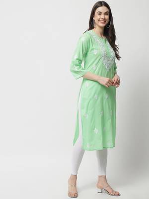 Green embroidered cotton chikankari-kurtis 3