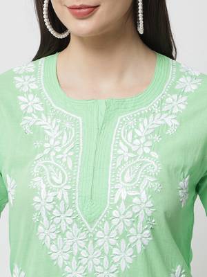 Green embroidered cotton chikankari-kurtis 4