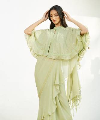 Green Saree Set With Cape 5