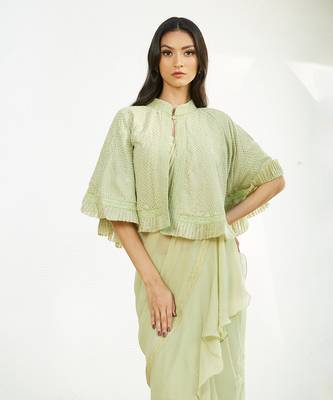 Green Saree Set With Cape 6