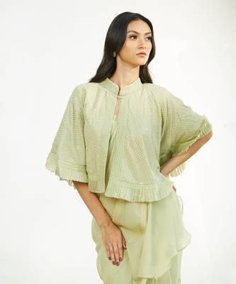 Green Saree Set With Cape 7