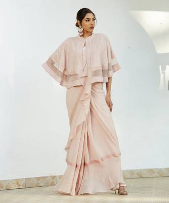 Pink Saree Set With Cape 5