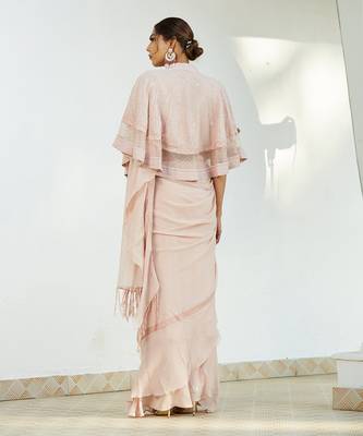Pink Saree Set With Cape 6