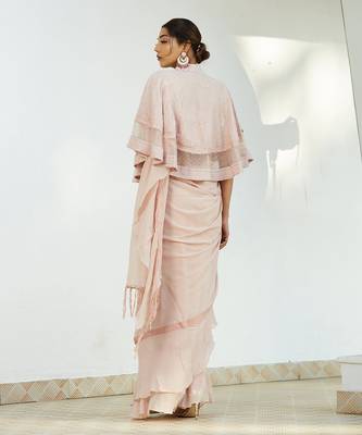 Pink Saree Set With Cape 7