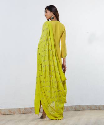 Yellow Anarkali With Lime Green Chikan Dupatta 3
