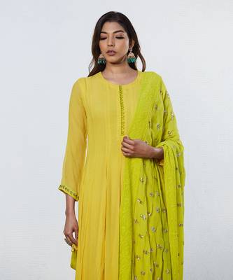 Yellow Anarkali With Lime Green Chikan Dupatta 4