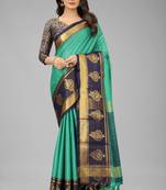 Blue woven cotton silk saree with blouse